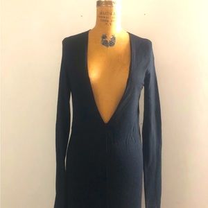 F COLLECTION] Black Wool Deep Vneck Long sleeve Fine Knit MIDI Maxi Dress